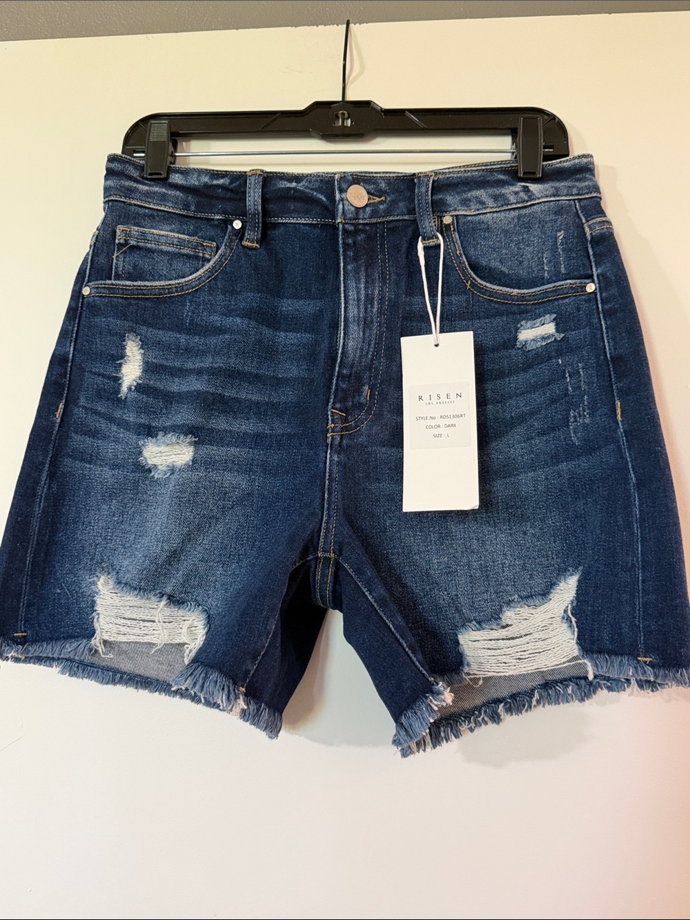 Risen Dark Blue Distressed Denim Jean Shorts - Mid Rise - Picture 3 of 8